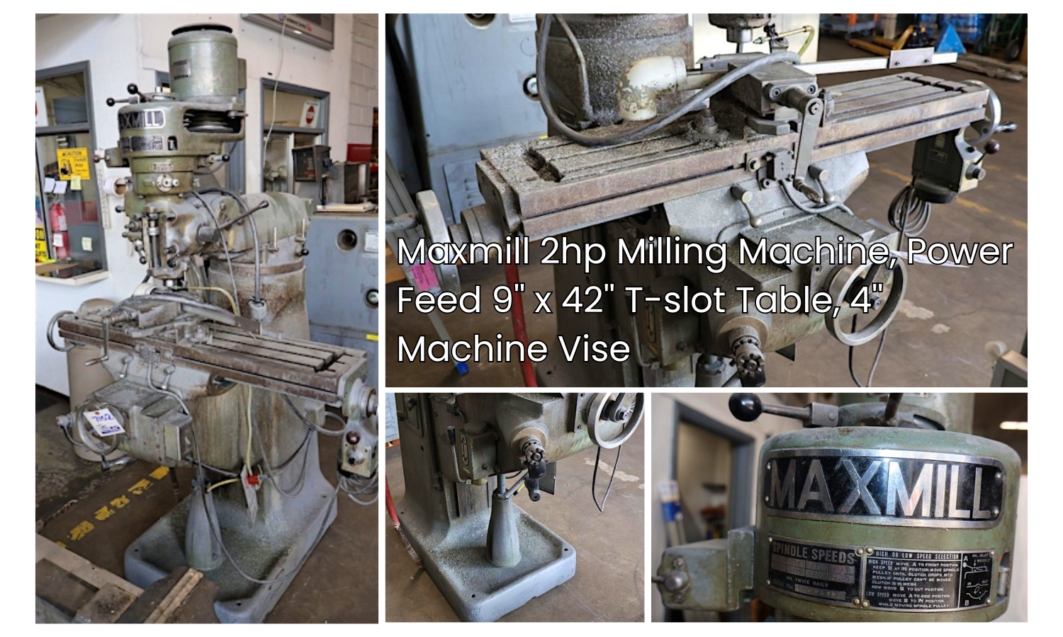Maxmill 2hp Milling Machine, Power Feed 9'' x 42'' T slot Table, 4'' Machine Vise